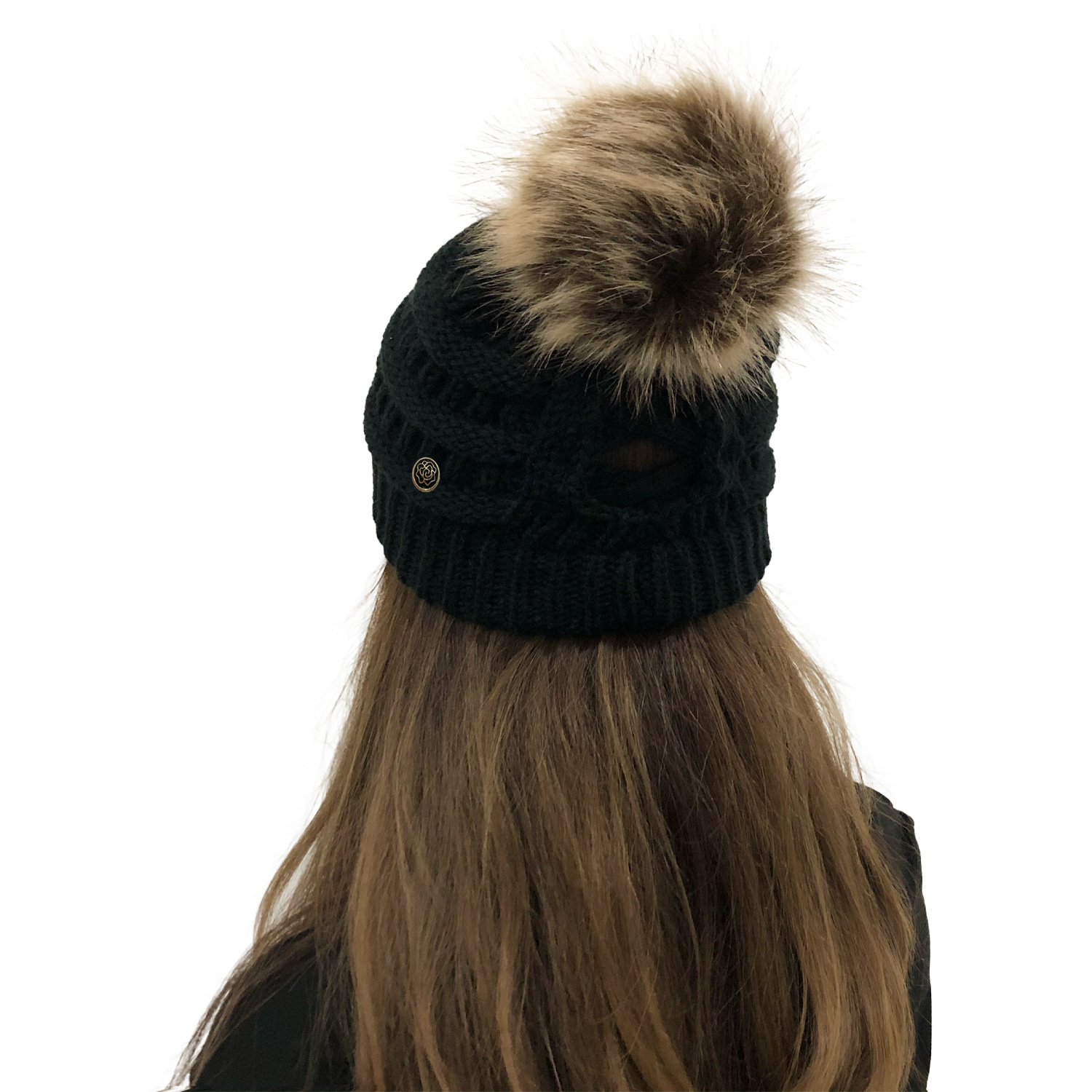Crochet Ponytail Hat With Fur Pom Pom Mask Button Hat Hot Selling Knitted Hat Wool Ball Wool Hat Criss-cross