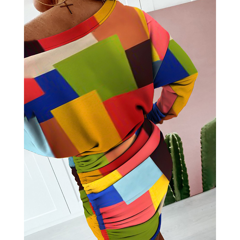 women's color contrast printing irregular long-sleeved dress NSKX5809