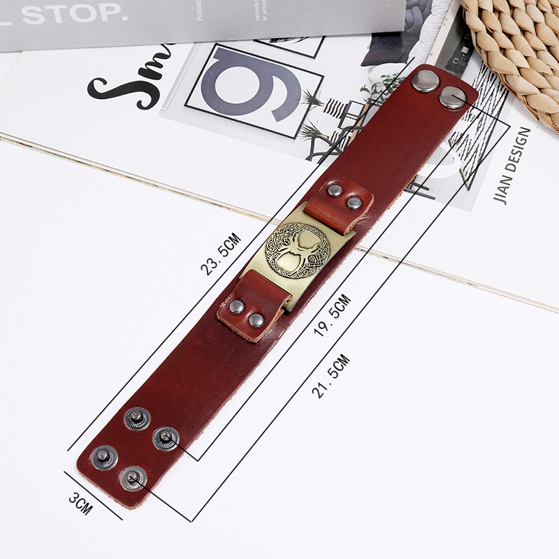 Viking Totem Lucky Tree Leather Retro Woven Punk Menu0027s Wide Leather Bracelet nihaojewelry