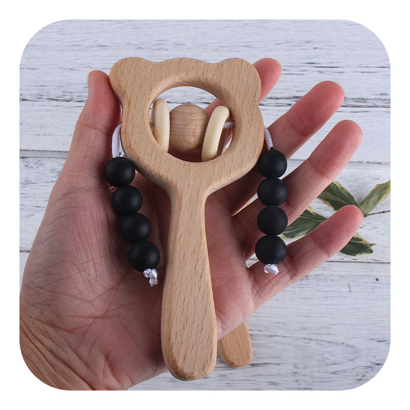 Nuevo DIY de dibujos animados de haya mano palo juguete teether marrón oso sonajero juguete infantil teether palo
