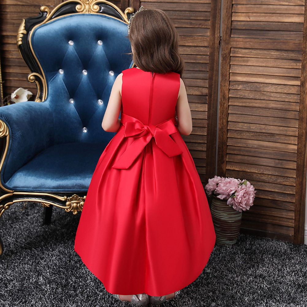 百慧童装女童公主礼服裙女孩红色拖尾连衣裙儿童走秀演出礼服批发