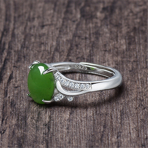 Natural Hetian jade jasper silver plated emerald open ring cabochon emerald green chalcedony ring
