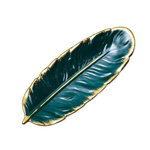 Nordic light luxury gold edge ceramic dessert plate, ink green feather plate, banana leaf fruit plate, dry fruit plate storage plate