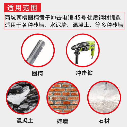 SDS round handle two-pit two-slot impact drill bit concrete stone cement floor wall drilling electric hammer chisel tip flat