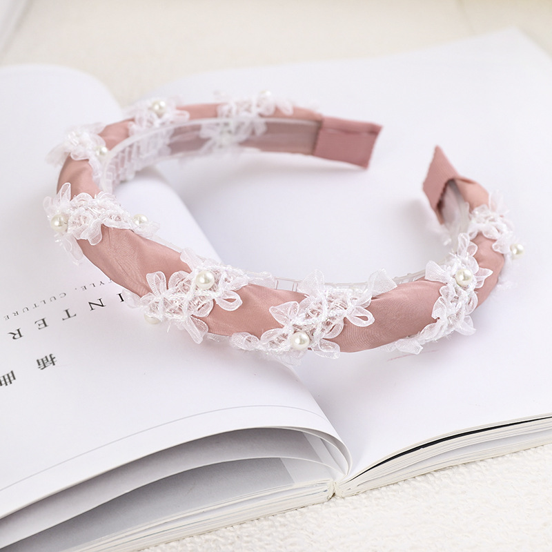 Korean Pearl Winding Lace Headband Cloth Pearl Headband Pure Color Cloth Toothed Headband Wholesale Nihaojewelry display picture 14