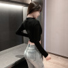 V-neck low chest open navel short T-shirt long sleeve top single T-shirt