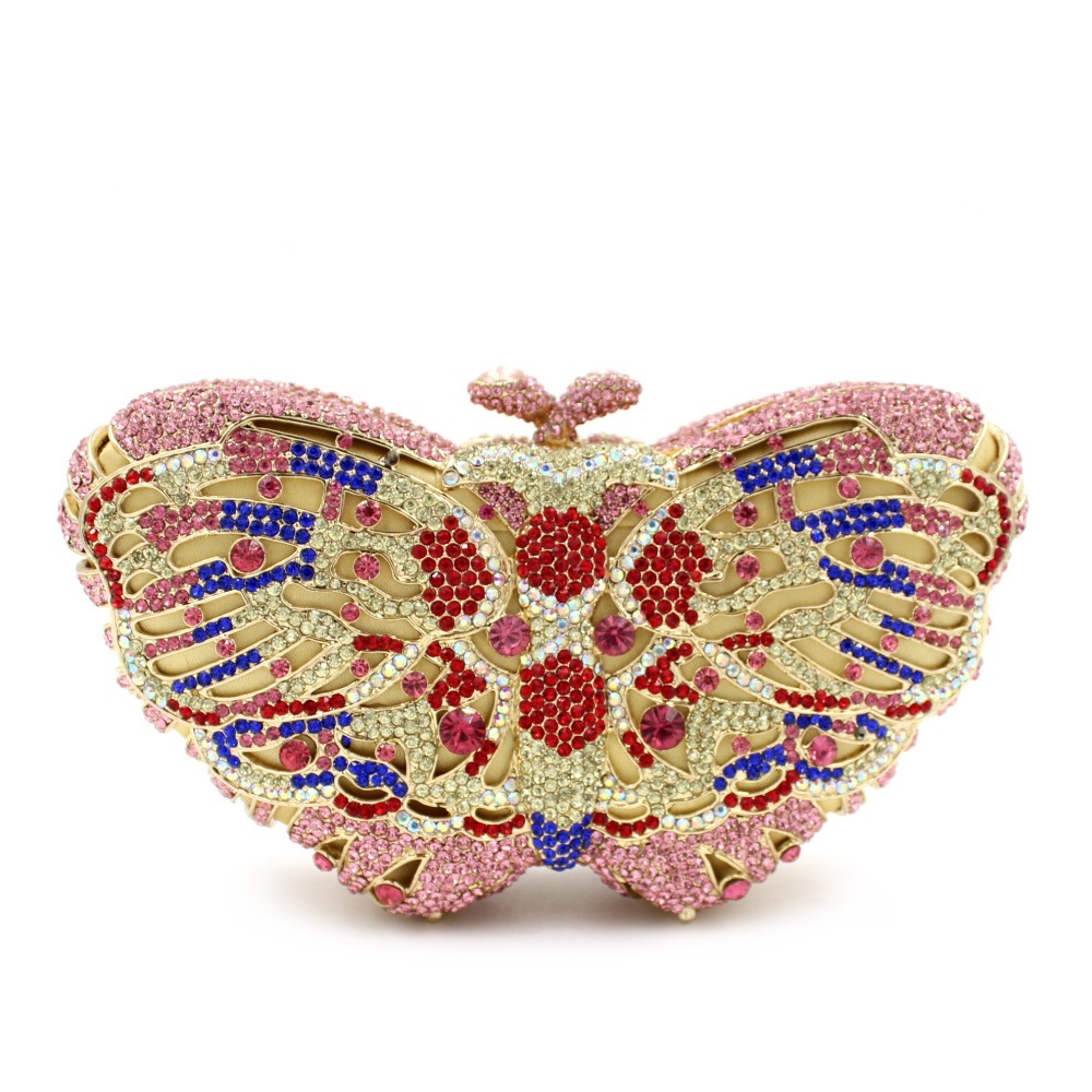 Túi clutch dạ tiệc hình cánh bướm đính pha lê kim cương hộp cứng — Màu hồng, Màu bạc, Màu Xanh Lục Bạc, Đế Vàng Kim Cương chi tiết 4