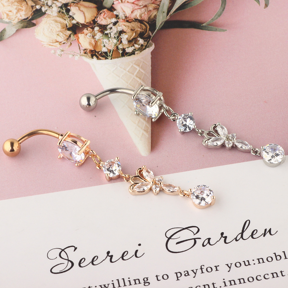 Rose Gold CZ Navel Ring 316L Surgical Steel Dangle Belly Button Ring Cross Border Jewelry detail image 7
