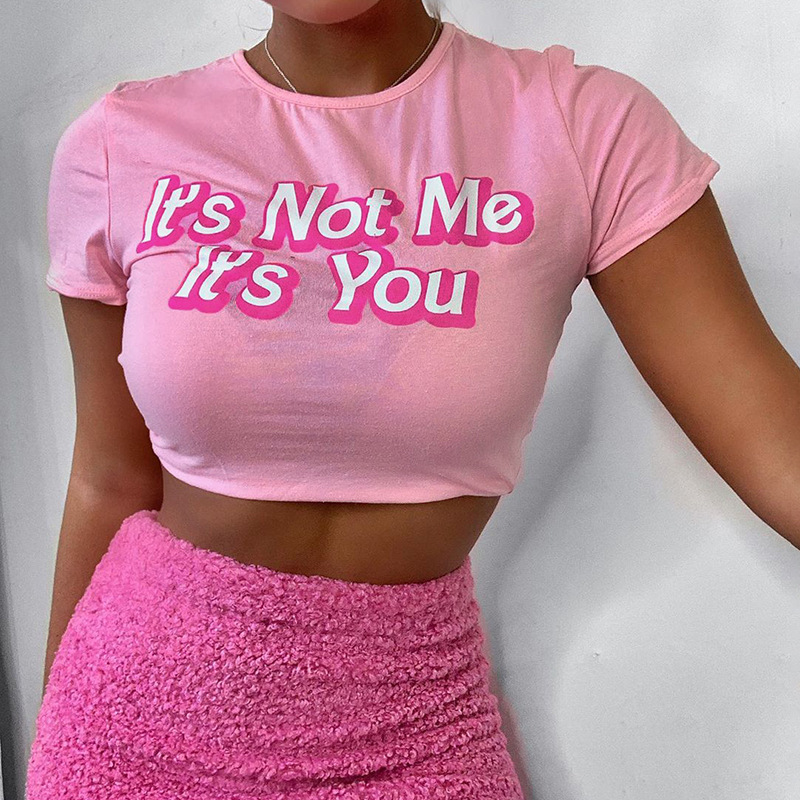 Girls Pink Printed High Waist Short Sleeve Tops Slim All-Match Navel T-Shirt NSAG4641