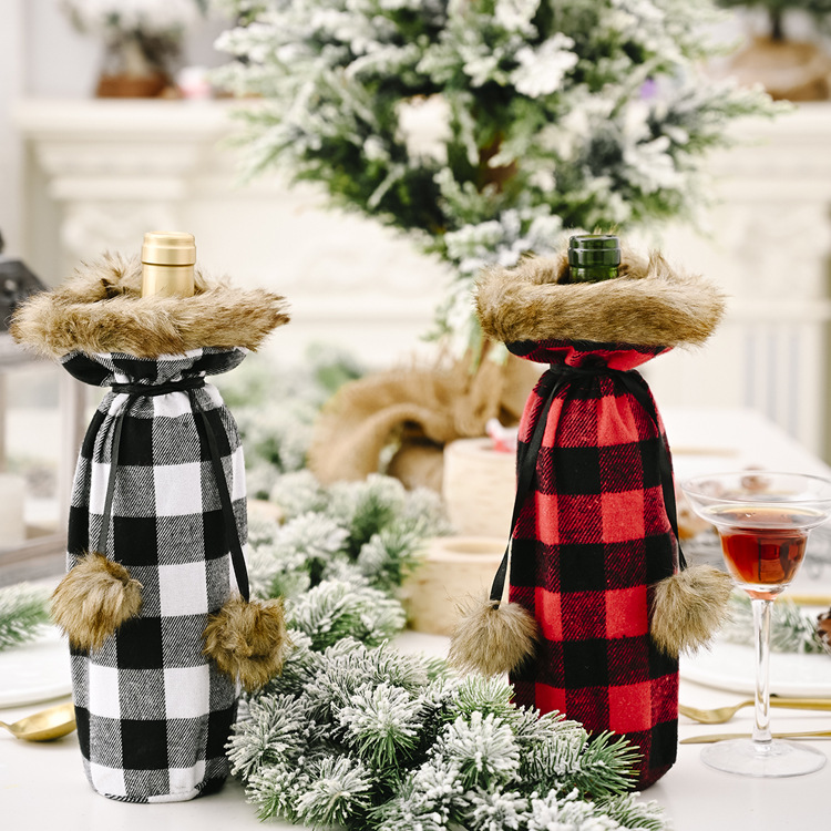 60g Weight Christmas Festival Haobei Christmas Festive Supplies Pompon Plaid Bottle Cover Creative New Red And Black Wine Bottle Bag Wine Gift Box Wine Cover 无
