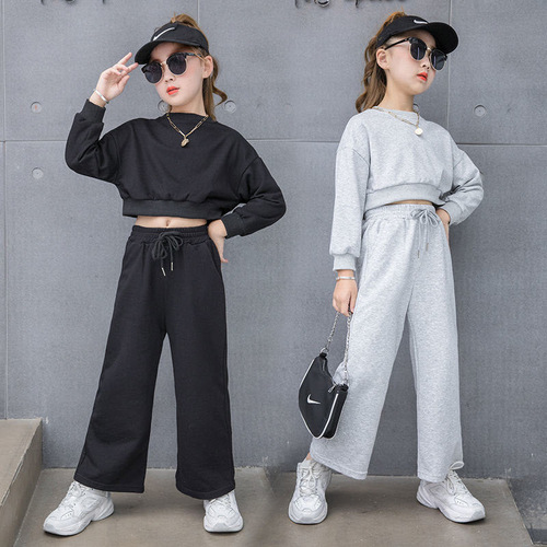 Girl's Set Autumn New Fashion Korean Version Middle Size Child Trendy Internet Star Short Sleeve Sweatshirt Wide Leg Pants Fashion