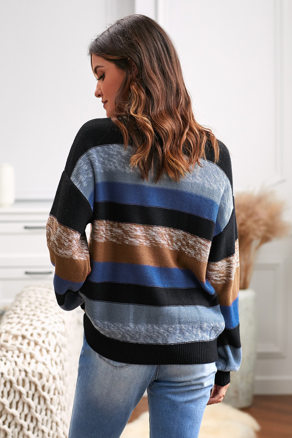 stripes hit color long-sleeved round neck casual knitted sweater  NSSI10374