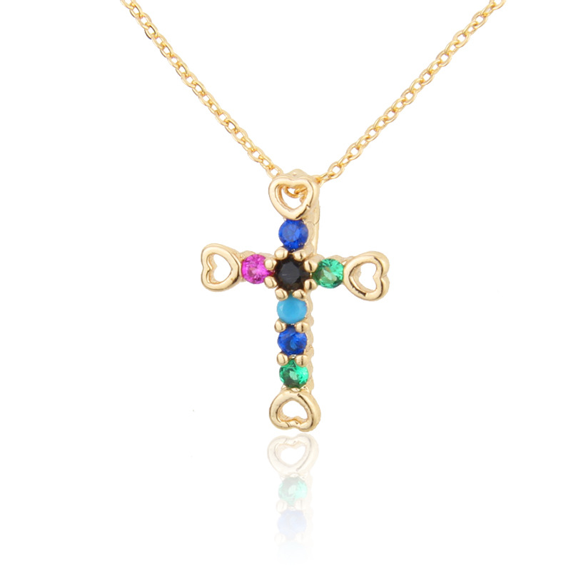 Colored Zircon Gold-plated Cross Necklace display picture 1