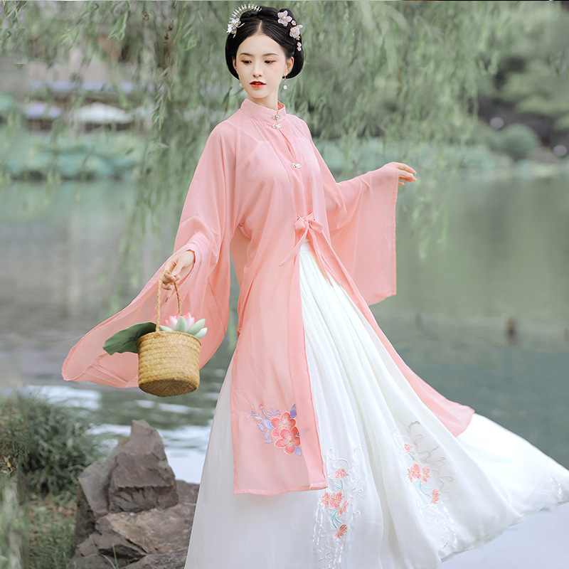 新成人汉服女成人春秋季仙气薄款明制立领长衫中国风白菜全套汉服