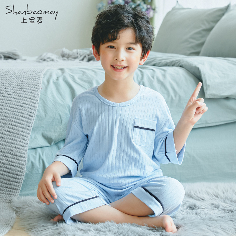 SHANGBAOMAI 여름 신작 어린이 잠옷 세트 소년 잠옷 에어컨 옷 소년 잠옷 중간 소매 7부 소매 얇은