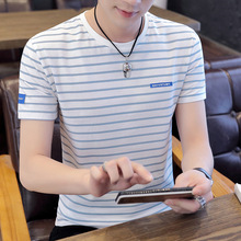 跨境外贸 男士2020夏季新款韩版半袖条纹体恤纯棉短袖圆领条纹T