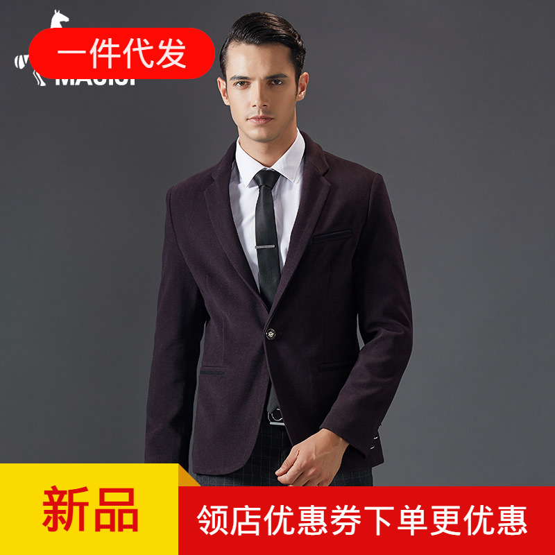 男装2017春秋新款休闲西服男韩版修身西装外套男单西装潮酒红单扣