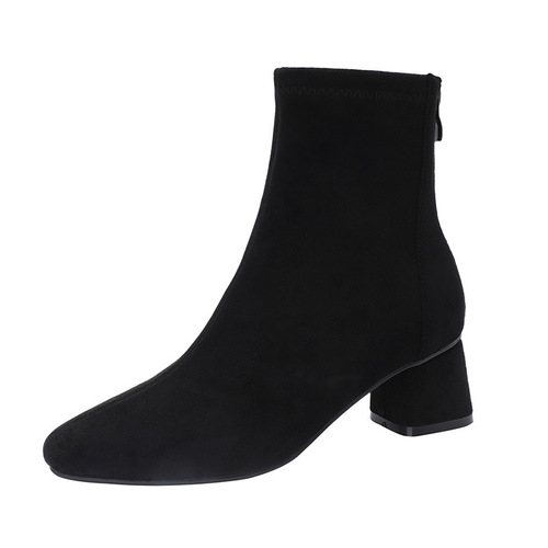 Fuhao Suede Short Boots Women's Thick Heel Women's Boots  New Style Round Toe Fashion Medium Heel Low-top Shoes Autumn and Winter Women's Boots