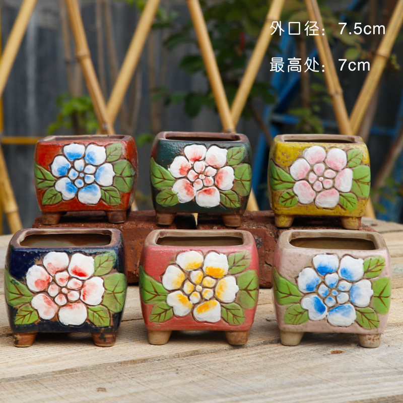New hand-painted floral fleshy flowerpot ceramic stoneware small old pile handmade floral square pot on sale