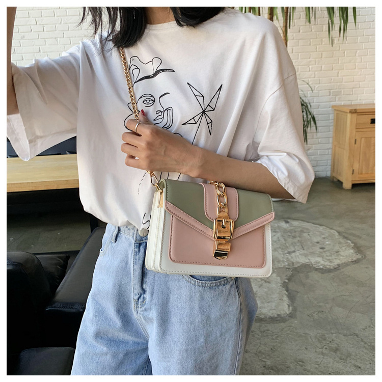 Small Artificial Leather Solid Color Fashion Contrast Color Chain Square Buckle Crossbody Bag display picture 2