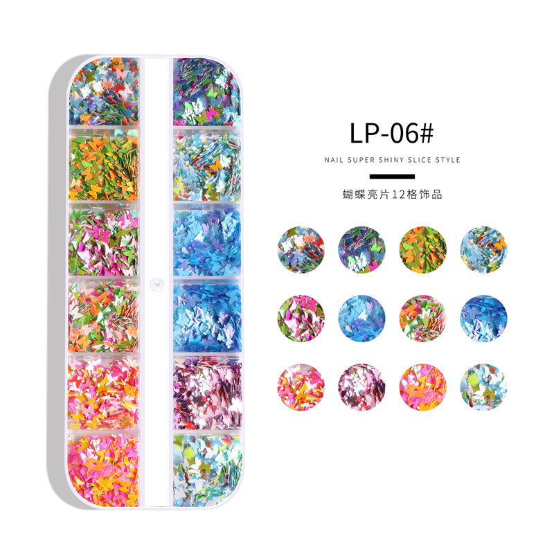 Amazon Venta caliente uñas mariposa lentejuelas 12-rejilla larga caja ultrafina láser uñas lentejuelas de forma especial