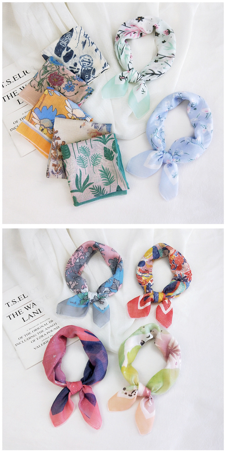 50g Weight Silk Scarf Classification Travel Occasion Unisex Gender Printing Design Sweet Style Grey&Pink, Grey, White, Purple, Green, Blue, Camel, Yellow, Black Color Cotton Linen Small Square Scarf 2