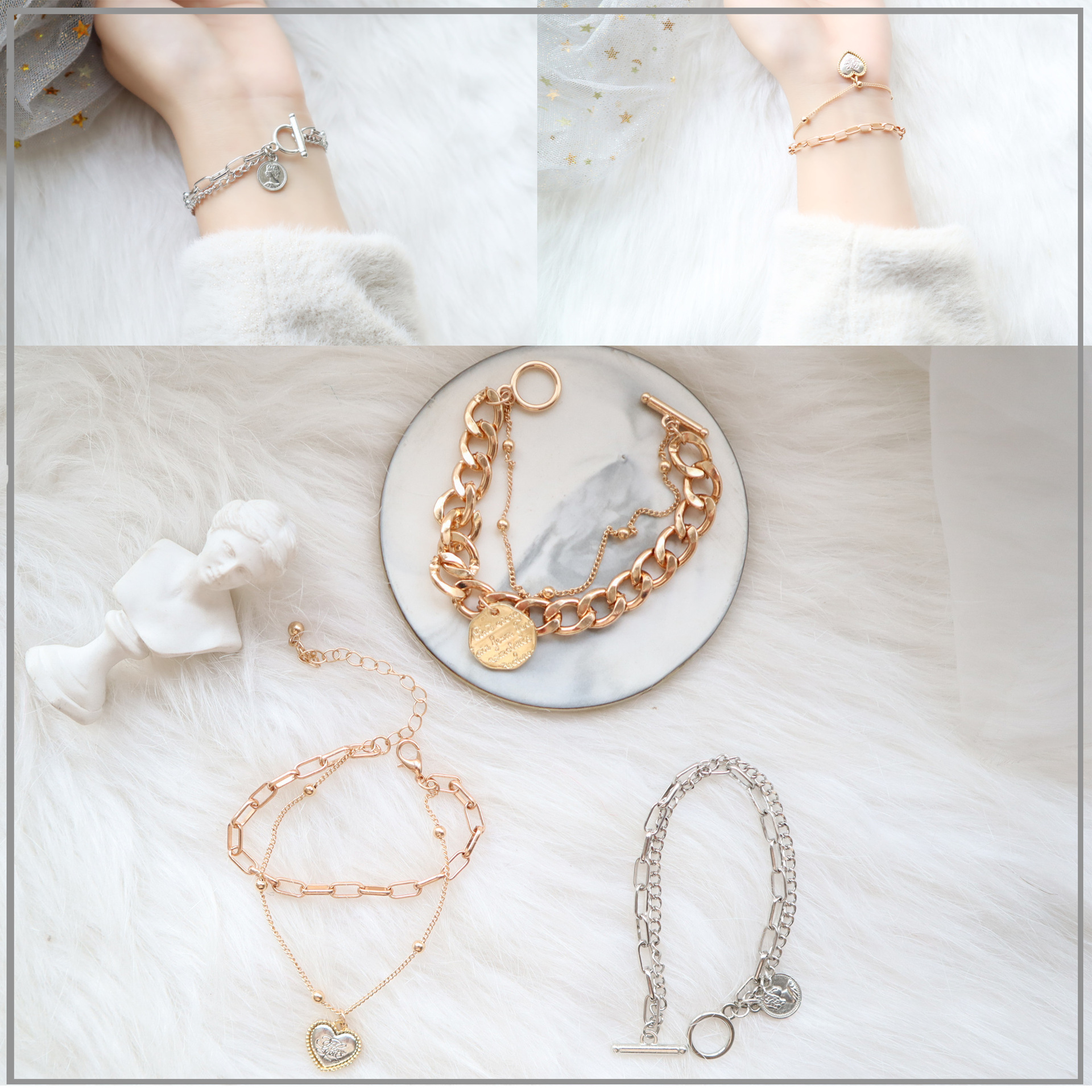 歐美飾品INS博主網紅嘻哈街拍hiphop大鏈條複古ot扣手鏈粗鏈手環