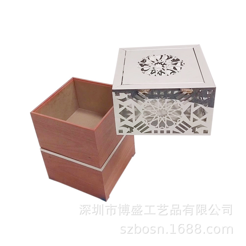 现代简易三层MDF板+不锈钢展示盒360度旋转正方形