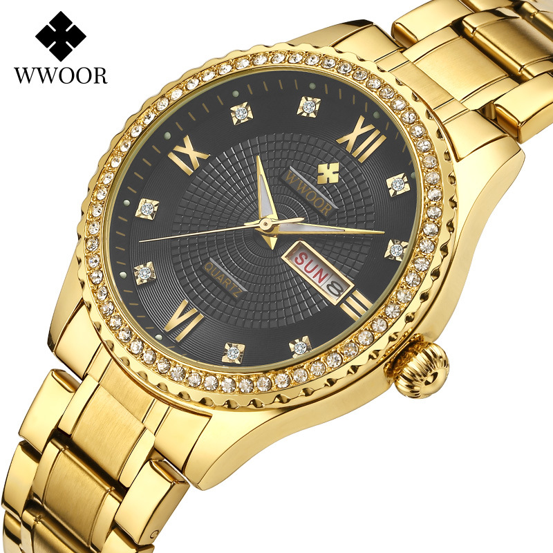 WWOOR Holding Love nueva pareja casual reloj de cuarzo para hombre calendario impermeable rhinestone reloj de moda para mujer 8856