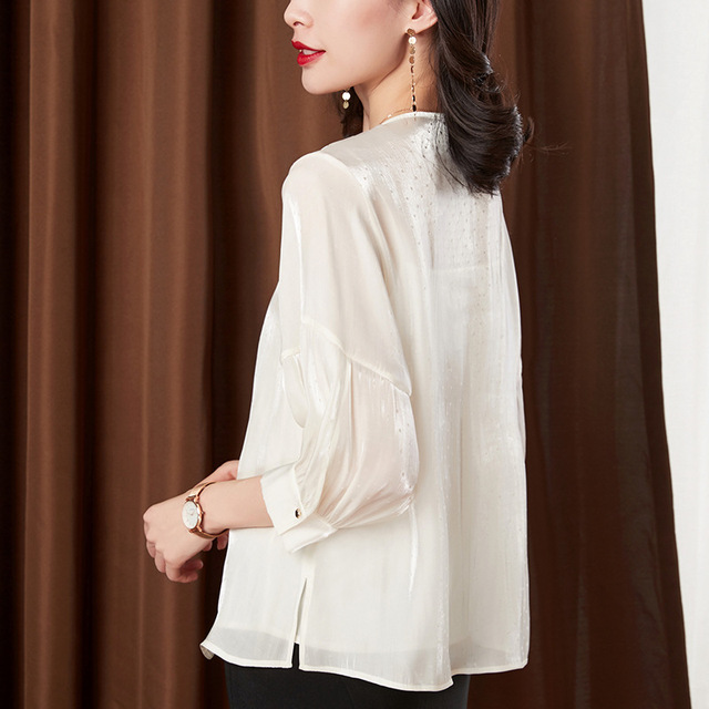 Korean Round Neck Chiffon shirt 7-point Lantern Sleeve loose thin commuter women’s shirt