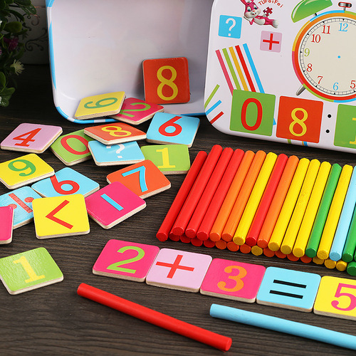 Iron box with counting rods for children's math teaching tools, kindergarten children's addition and subtraction toys, colorful wooden sticks arithmetic magic tool