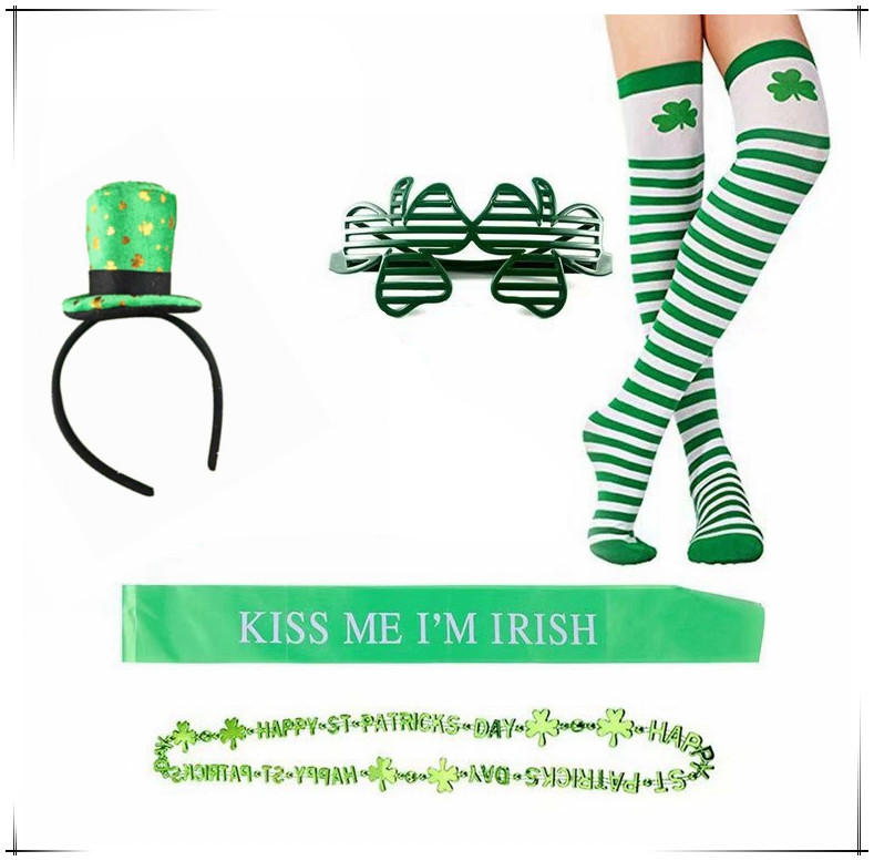 Ventas calientes irlandeses set de calcetines rayados banda de pelo combinación día de San Patricio clover set adornos