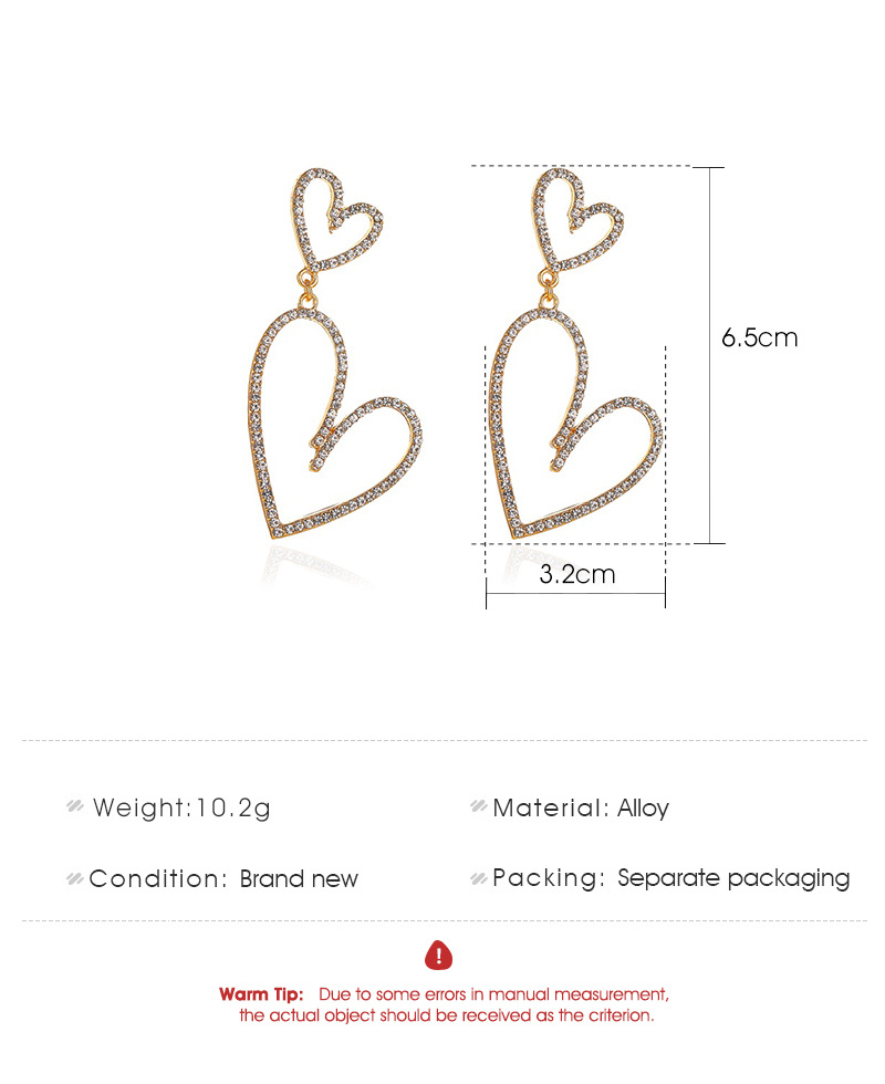 New Full Diamond Size Double Love Earrings Exaggerated Long Section Diamond Hollow Earrings Wholesale Nihaojewelry display picture 1