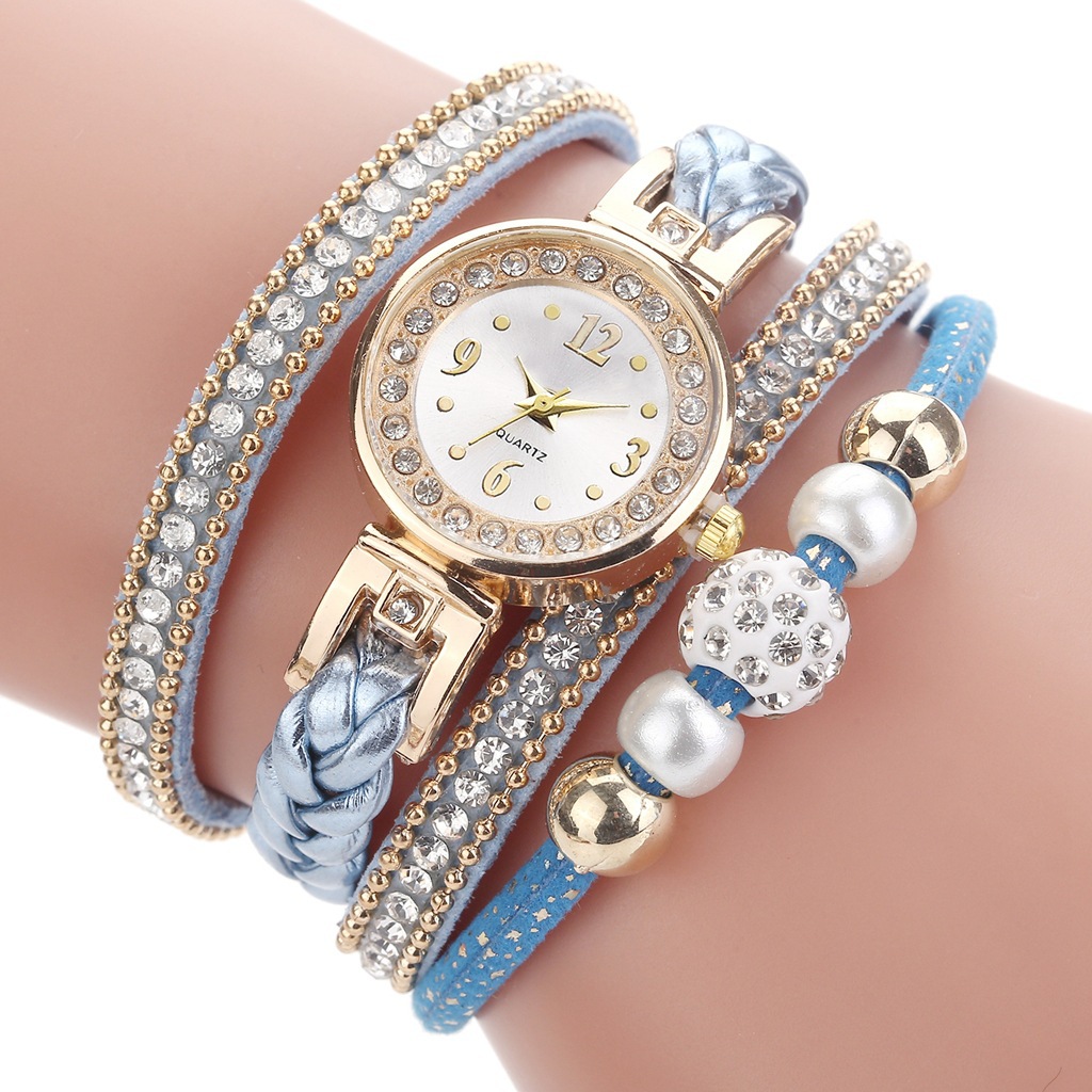 Fashion  Round Bracelet Diamond-studded Pearl Beaded Pu Belt Watch display picture 12