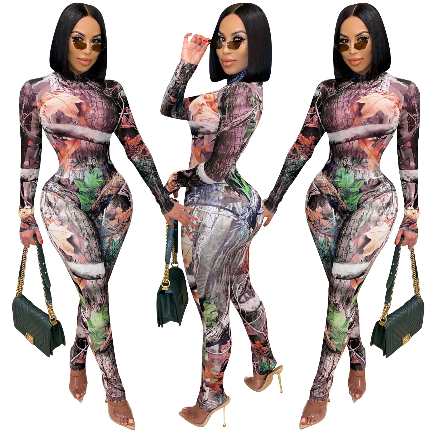 Long Sleeve One-Piece Top Slim Trouser Perspective Mesh Print 2 Piece Set NSFYZ112485