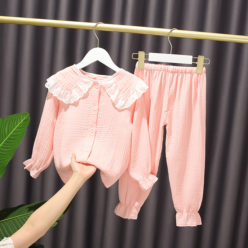 春秋季女童純棉紗布睡衣兒童公主蕾絲長袖薄款寶寶女孩套裝家居服