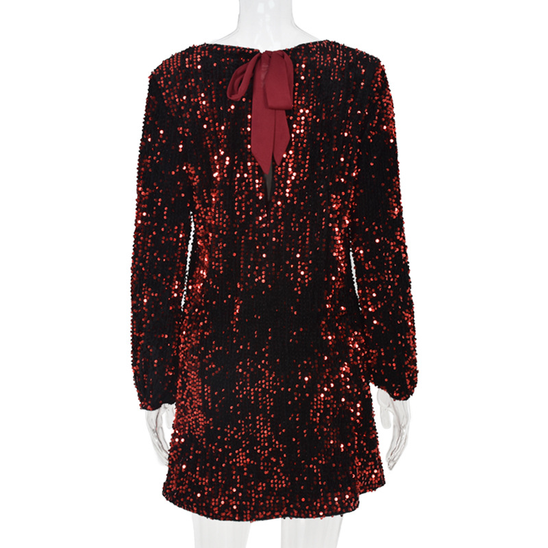 lantern sleeves round neck lace sequin dress NSKL18219