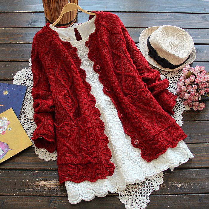 Spring New Japanese style fresh Mori women's hollow linen lace solid color button knitted cardigan short coat spring and autumn