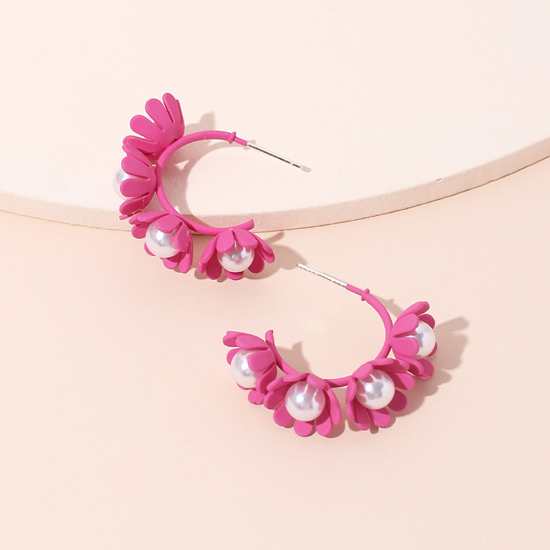 8g Weight Earrings Classification Wedding, Travel Occasion Flower Pattern Women'S Gender Rose Red, Purple, Green, Yellow Color Hot Sale Korea Candy Color Cute Flower Earrings C-shaped Wreath Childlike Pearl Earrings Wholesale Nihaojewelry 6