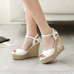 坡跟涼鞋女外貿女鞋夏新款一字帶魚嘴女式涼鞋羅馬草編厚底高跟鞋