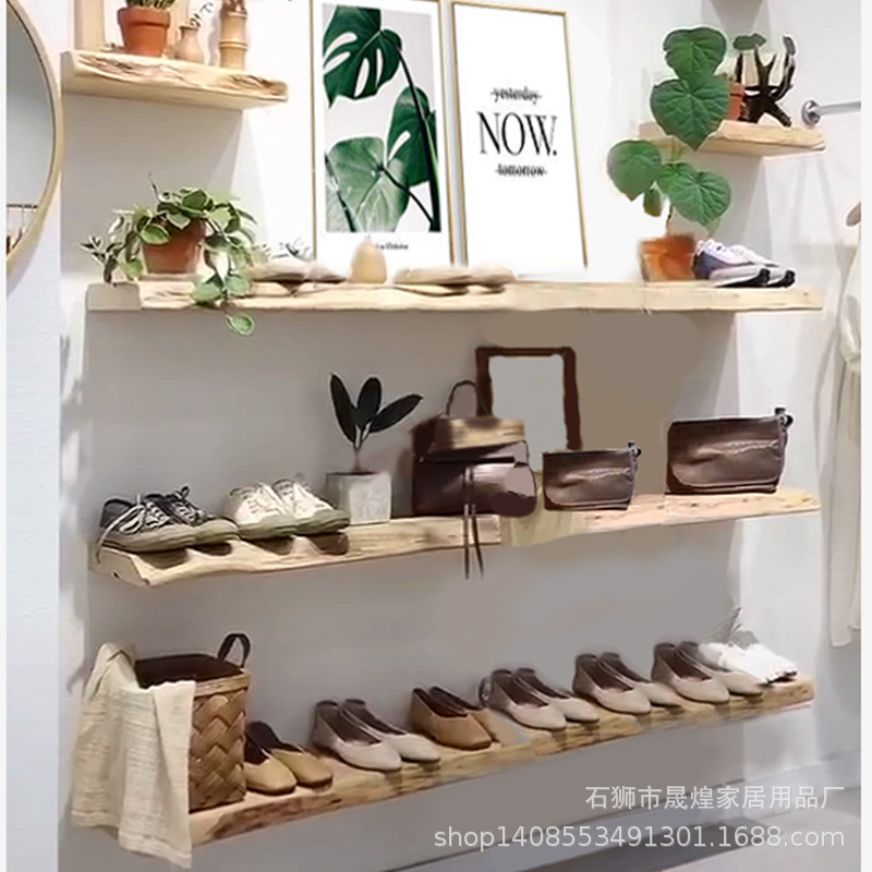 墙上置物架打孔卧室客厅电视墙装饰原木书架置物架墙壁一字隔板