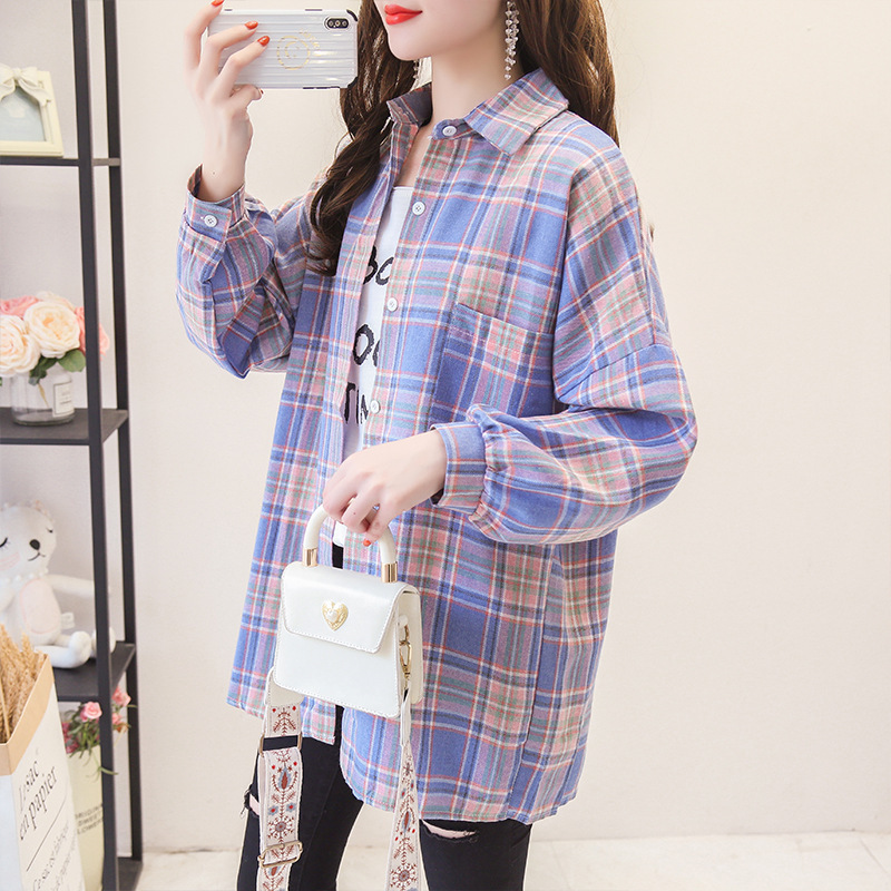 Korean version of loose 300kg large size bf wind sunscreen retro casual plaid Spring and Autumn long sleeve shirt 240kg Top Women