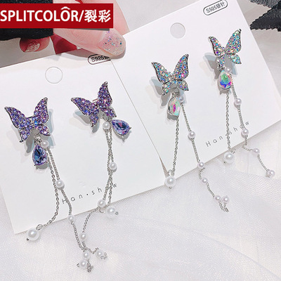 925银针超仙长款珍珠蝴蝶结流苏耳环一款两戴2020年新款潮紫色