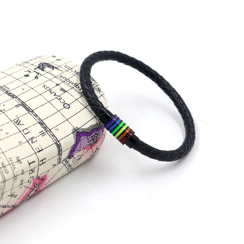 Fashion Woven Cowhide Rainbow Buckle Bracelet Men And Women Titanium Steel Magnetic Buckle Jewelry display picture 4