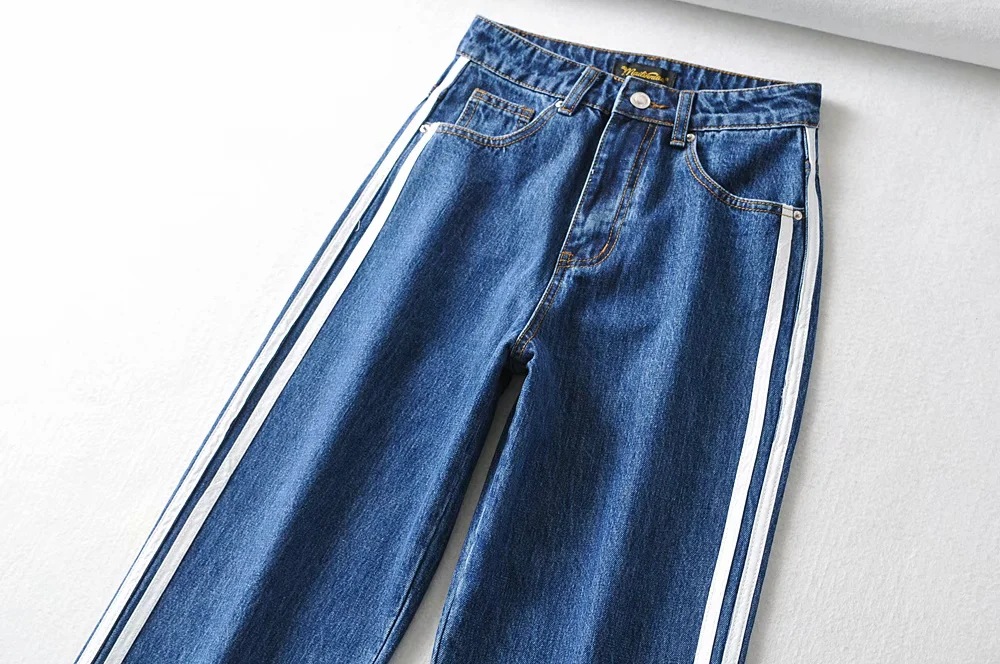 High Waist Side Slit Stitching Striped Wide-Leg Jeans NSAC15415