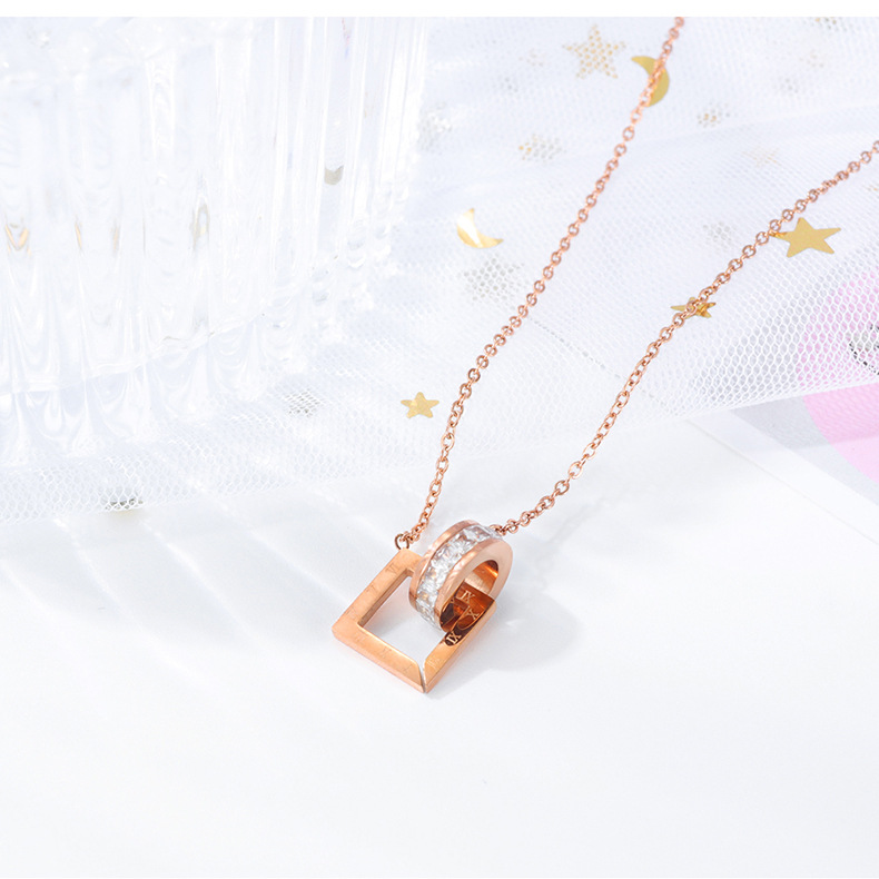 Korean Fashion Hot Sale Double Ring Zircon Pendant Classic Square Roman Numeral Clavicle Chain Ladies Stainles Wholesale Nihaojewelry display picture 4