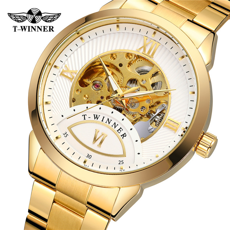 Winner8183 reloj mecánico automático para hombres reloj mecánico de negocios correa de acero reloj mecánico de fondo transparente hueco