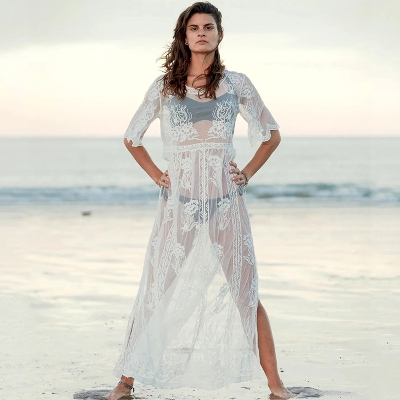 2020 new lace long dress loose beach dress seaside vacation robe bikini swimsuit blouse sun protection clothing for women