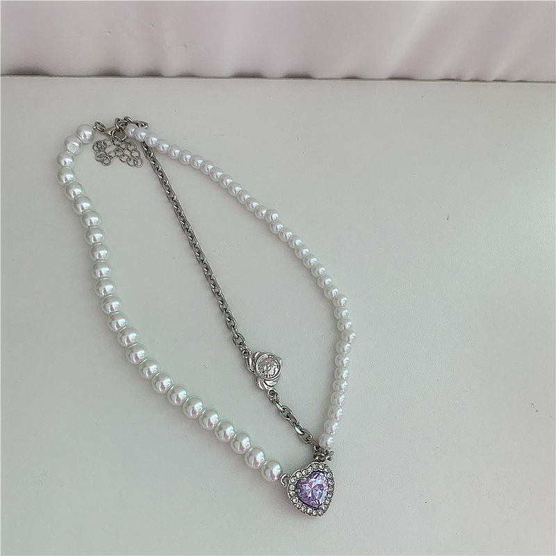 Korean Autumn And Winter Pearl Purple Gem Choker Pendant Necklace display picture 6