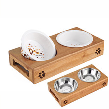 寵物用品貓咪食具竹板架雙碗不銹鋼貓碗陶瓷狗碗寵物碗竹木餐桌